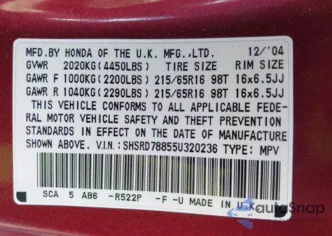 2005 Honda Cr-V Ex from USA, damaged, VIN SHSRD78855U320236